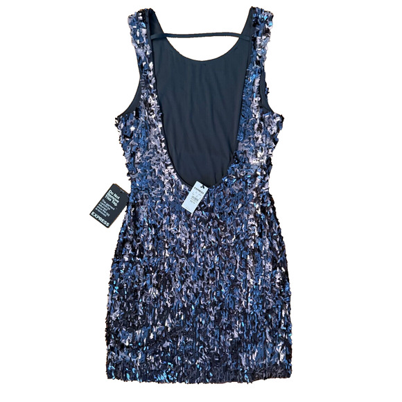 NWT Express Sequin Mini Dress XS ~ Black Silver Iridescent Party Glam Sparkle - Picture 3 of 12